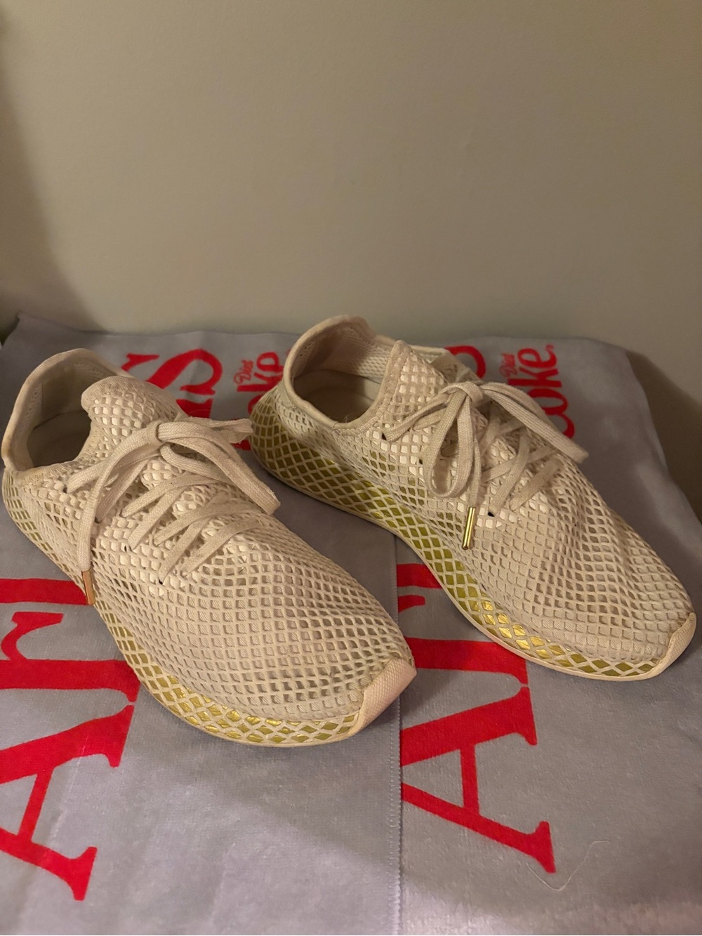 Adidas Cream Mesh Athletic Sneakers with Gold Accents